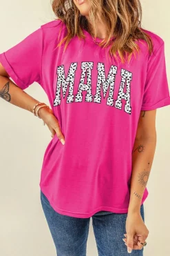 Best Dear-Lover Leopard MAMA Printed Crewneck Tee Rose Red