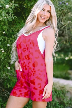 Online Dear-Lover Leopard Pocketed V Neck Sleeveless Romper Rose Red