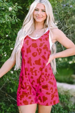 Online Dear-Lover Leopard Pocketed V Neck Sleeveless Romper Rose Red