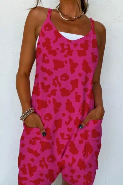 Online Dear-Lover Leopard Pocketed V Neck Sleeveless Romper Rose Red