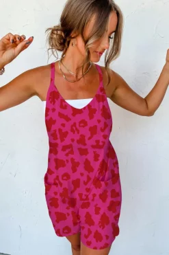 Online Dear-Lover Leopard Pocketed V Neck Sleeveless Romper Rose Red