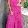 Sale Dear-Lover Leopard Print Ruffled Trim Tiered Maxi Dress Rose Red