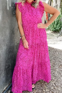 Sale Dear-Lover Leopard Print Ruffled Trim Tiered Maxi Dress Rose Red