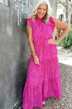 Sale Dear-Lover Leopard Print Ruffled Trim Tiered Maxi Dress Rose Red