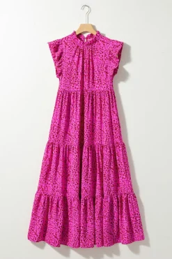 Sale Dear-Lover Leopard Print Ruffled Trim Tiered Maxi Dress Rose Red