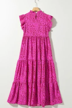 Sale Dear-Lover Leopard Print Ruffled Trim Tiered Maxi Dress Rose Red