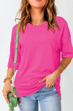 Fashion Dear-Lover Longline Short Sleeve Side Slit Drop Shoulder Top Rose Red
