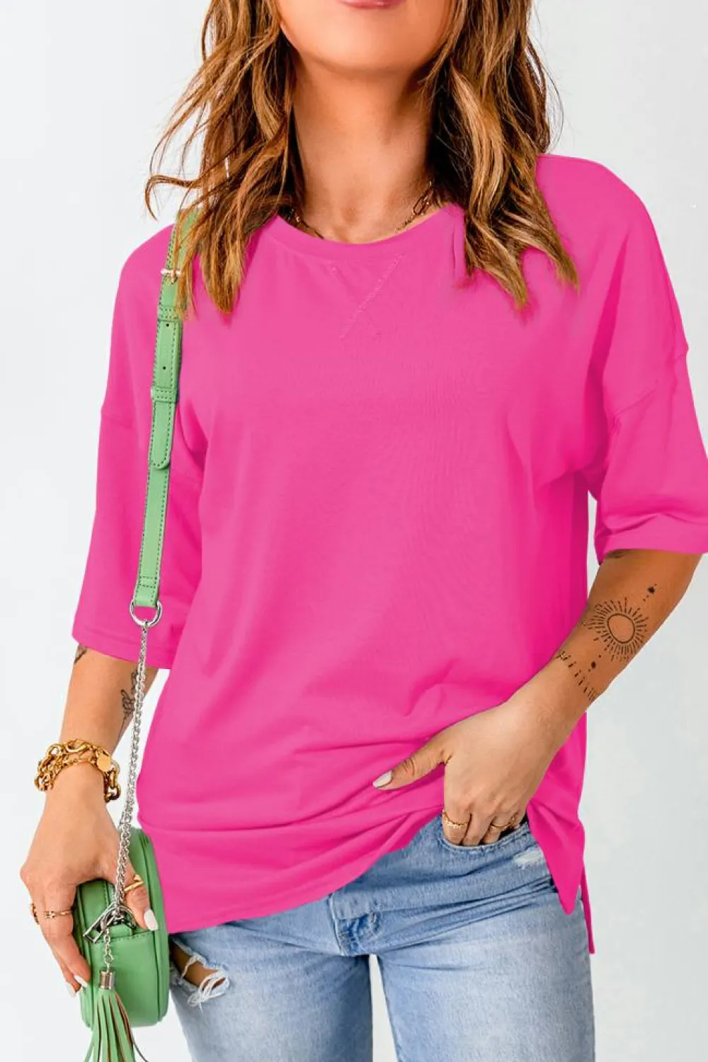 Fashion Dear-Lover Longline Short Sleeve Side Slit Drop Shoulder Top Rose Red