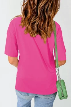 Fashion Dear-Lover Longline Short Sleeve Side Slit Drop Shoulder Top Rose Red