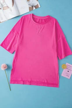 Fashion Dear-Lover Longline Short Sleeve Side Slit Drop Shoulder Top Rose Red