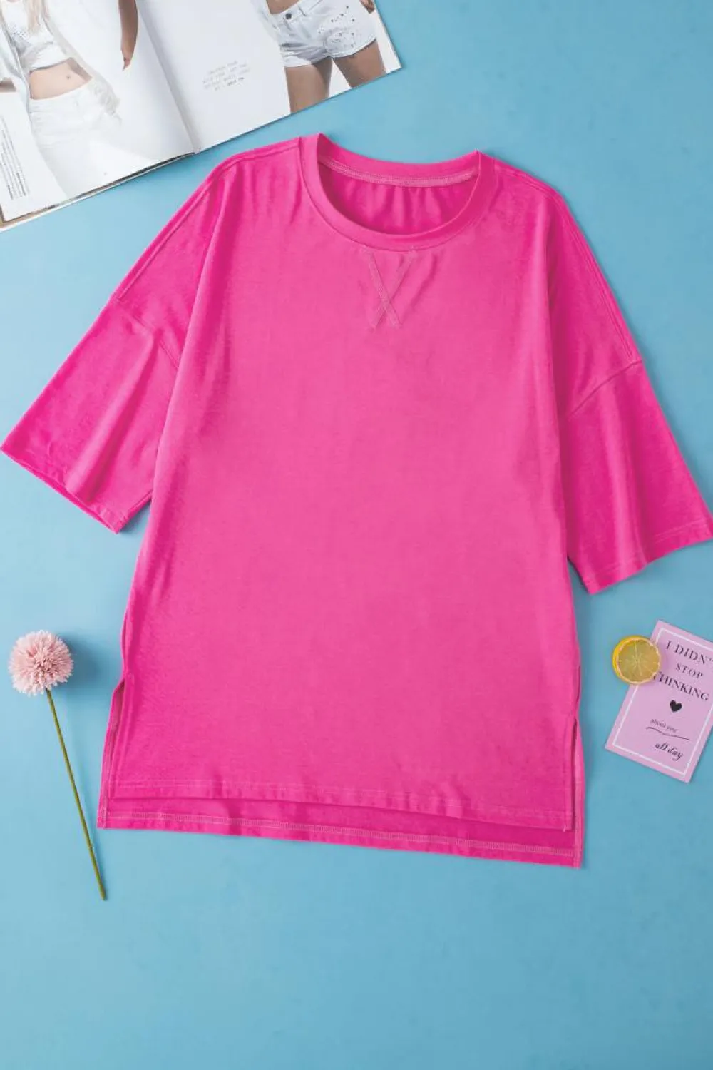 Fashion Dear-Lover Longline Short Sleeve Side Slit Drop Shoulder Top Rose Red