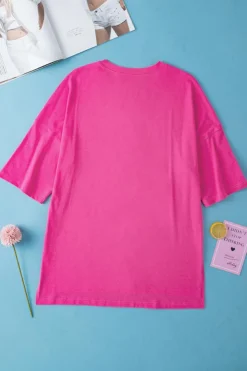 Fashion Dear-Lover Longline Short Sleeve Side Slit Drop Shoulder Top Rose Red