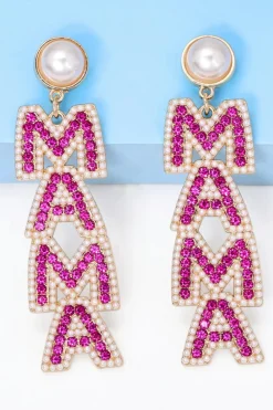 Outlet Dear-Lover MAMA Rhinestone Pearl Dangle Stud Earrings Rose Red