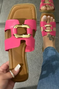 Hot Dear-Lover Metal Decor Cut Out Square Toe Slippers Rose Red
