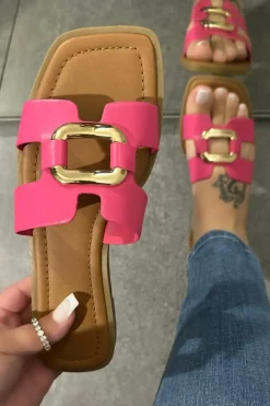 Hot Dear-Lover Metal Decor Cut Out Square Toe Slippers Rose Red
