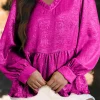 Fashion Dear-Lover Metallic Frilled V Neck Puff Sleeve Babydoll Blouse Rose Red