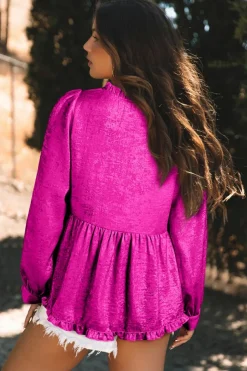 Fashion Dear-Lover Metallic Frilled V Neck Puff Sleeve Babydoll Blouse Rose Red