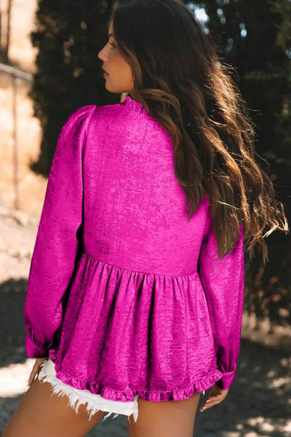 Fashion Dear-Lover Metallic Frilled V Neck Puff Sleeve Babydoll Blouse Rose Red