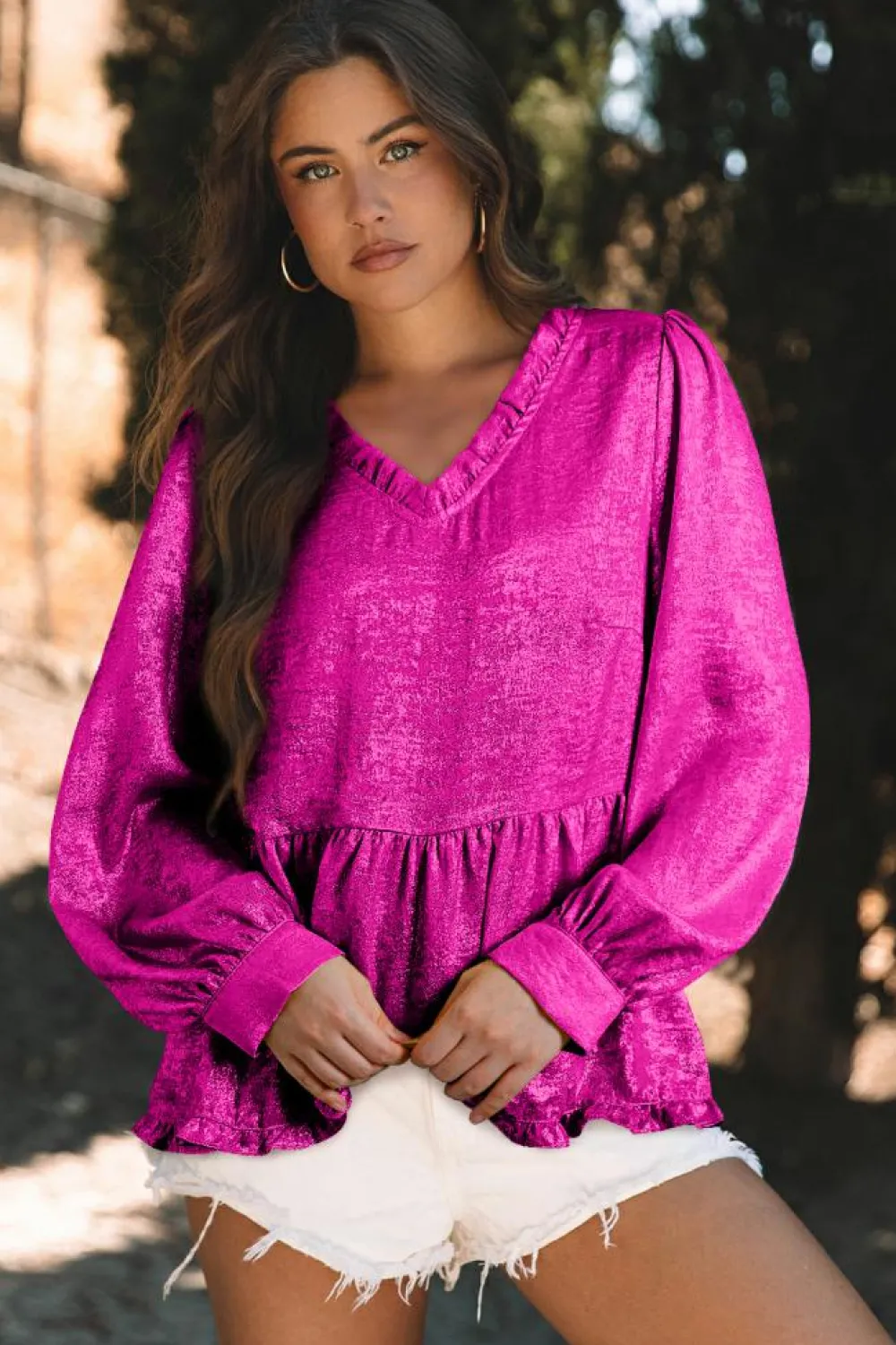 Fashion Dear-Lover Metallic Frilled V Neck Puff Sleeve Babydoll Blouse Rose Red
