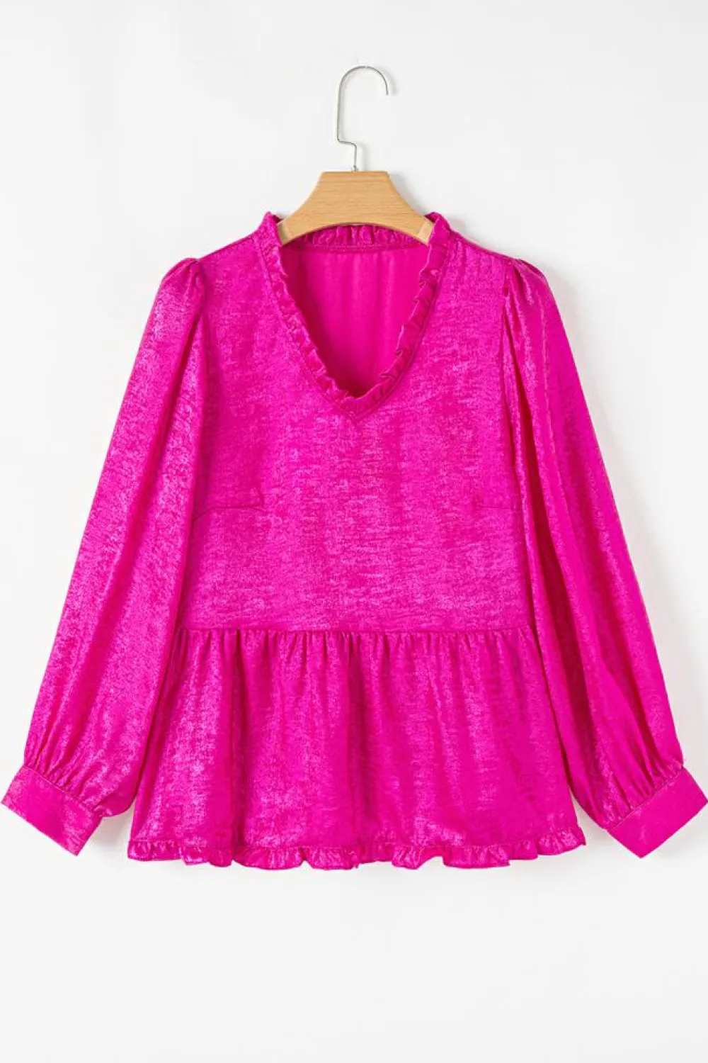 Fashion Dear-Lover Metallic Frilled V Neck Puff Sleeve Babydoll Blouse Rose Red