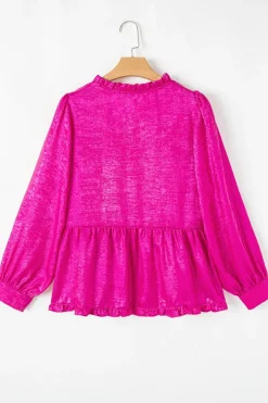 Fashion Dear-Lover Metallic Frilled V Neck Puff Sleeve Babydoll Blouse Rose Red