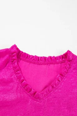 Fashion Dear-Lover Metallic Frilled V Neck Puff Sleeve Babydoll Blouse Rose Red