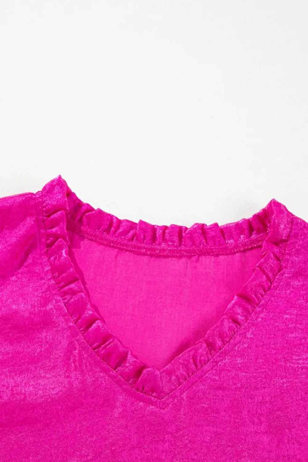Fashion Dear-Lover Metallic Frilled V Neck Puff Sleeve Babydoll Blouse Rose Red