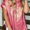 Online Dear-Lover Metallic Sheen Short Sleeve Buttoned Front Casual Shirt Rose Red