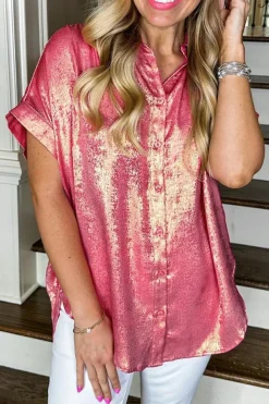 Online Dear-Lover Metallic Sheen Short Sleeve Buttoned Front Casual Shirt Rose Red
