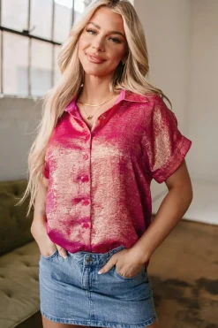 Online Dear-Lover Metallic Sheen Short Sleeve Buttoned Front Casual Shirt Rose Red