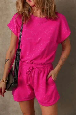 Best Dear-Lover Mineral Wash Drawstring Waist Hollow Out Back Short Sleeve Romper Rose Red