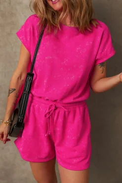 Best Dear-Lover Mineral Wash Drawstring Waist Hollow Out Back Short Sleeve Romper Rose Red