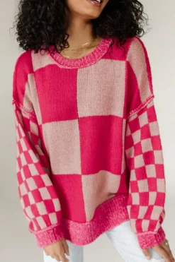 Clearance Dear-Lover Mixed Checkered Pattern Drop Shoulder Loose Sweater Rose Red