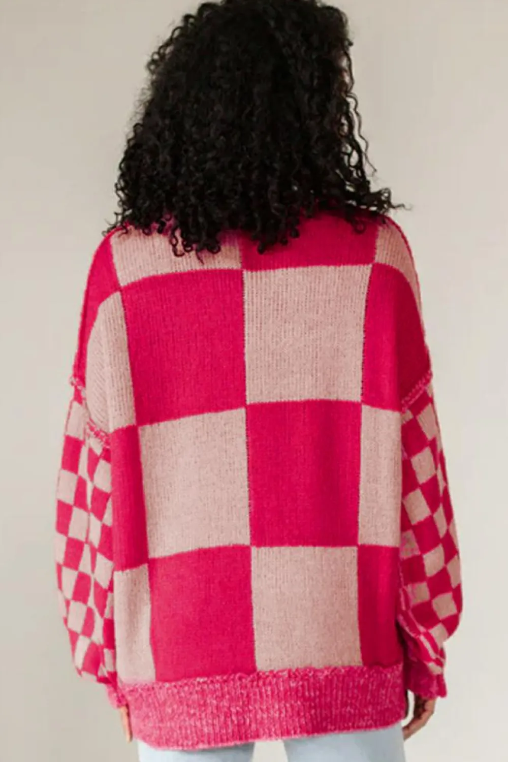 Clearance Dear-Lover Mixed Checkered Pattern Drop Shoulder Loose Sweater Rose Red