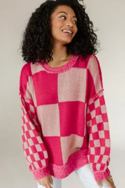 Clearance Dear-Lover Mixed Checkered Pattern Drop Shoulder Loose Sweater Rose Red