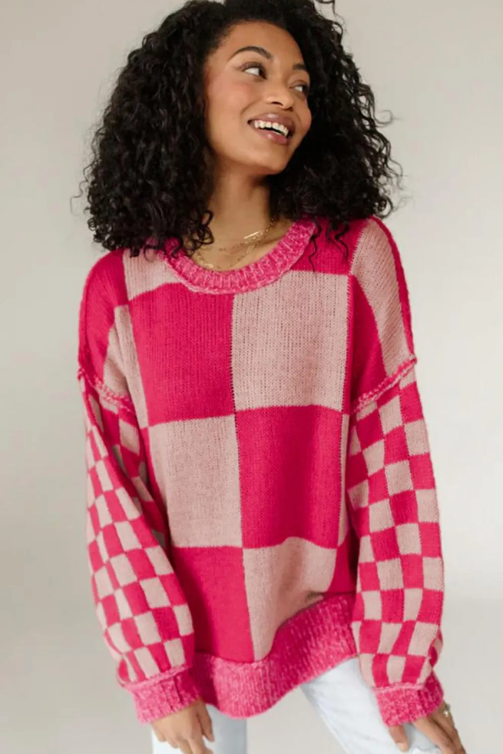 Clearance Dear-Lover Mixed Checkered Pattern Drop Shoulder Loose Sweater Rose Red