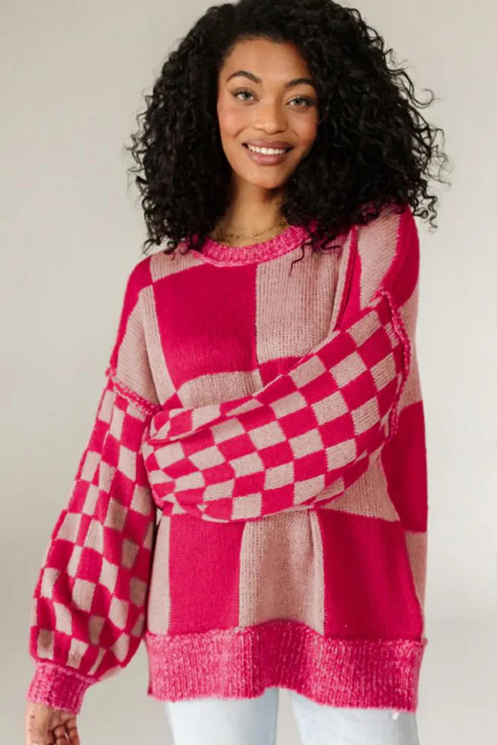 Clearance Dear-Lover Mixed Checkered Pattern Drop Shoulder Loose Sweater Rose Red