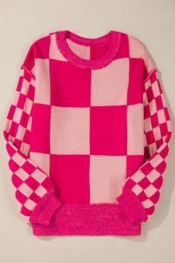 Clearance Dear-Lover Mixed Checkered Pattern Drop Shoulder Loose Sweater Rose Red