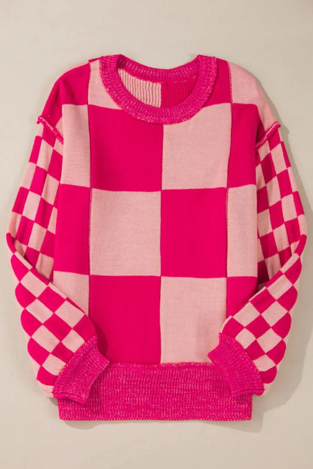 Clearance Dear-Lover Mixed Checkered Pattern Drop Shoulder Loose Sweater Rose Red