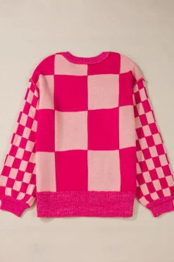 Clearance Dear-Lover Mixed Checkered Pattern Drop Shoulder Loose Sweater Rose Red