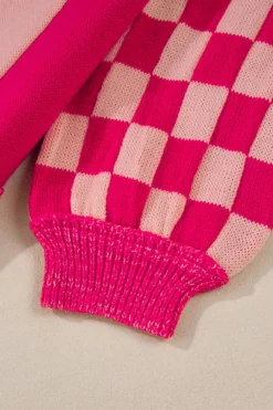 Clearance Dear-Lover Mixed Checkered Pattern Drop Shoulder Loose Sweater Rose Red