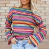 Clearance Dear-Lover Multicolor Jacquard Geo Long Sleeve T Shirt Rose Red