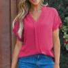 Best Dear-Lover Notched Neck Batwing Sleeve Lightweight Blouse Rose Red