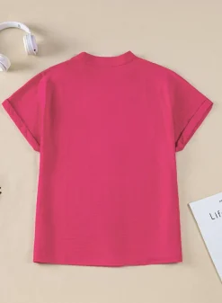 Best Dear-Lover Notched Neck Batwing Sleeve Lightweight Blouse Rose Red
