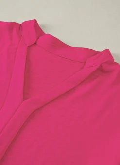 Best Dear-Lover Notched Neck Batwing Sleeve Lightweight Blouse Rose Red