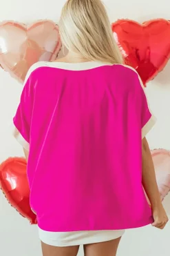Sale Dear-Lover Oversized Color Block Boat Neck Tunic Blouse Rose Red