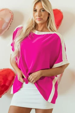 Sale Dear-Lover Oversized Color Block Boat Neck Tunic Blouse Rose Red