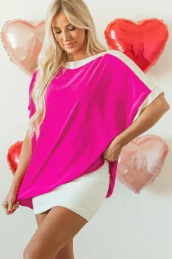Sale Dear-Lover Oversized Color Block Boat Neck Tunic Blouse Rose Red