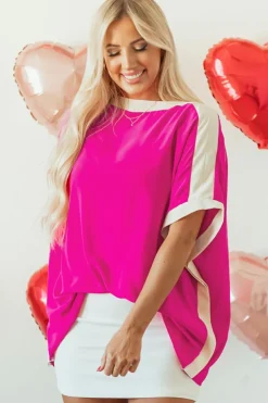 Sale Dear-Lover Oversized Color Block Boat Neck Tunic Blouse Rose Red