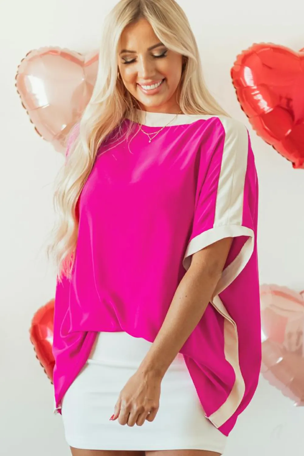 Sale Dear-Lover Oversized Color Block Boat Neck Tunic Blouse Rose Red